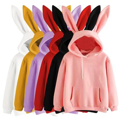Frauen Herbst Winter Hoodie Bunny Ohr Dekor Einfarbig Lose Lange Ärmel Elastische Manschette Kordelzug Lose Kapuze Weiche Warme Casual Dame Hoodie Top