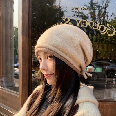 Double Rolled Edge Drawstring Pile Hat Women's Warm Headscarf  Cold Hat  Big Head Circumference  Making The Face Look Smaller  Versatile Knitted Hat