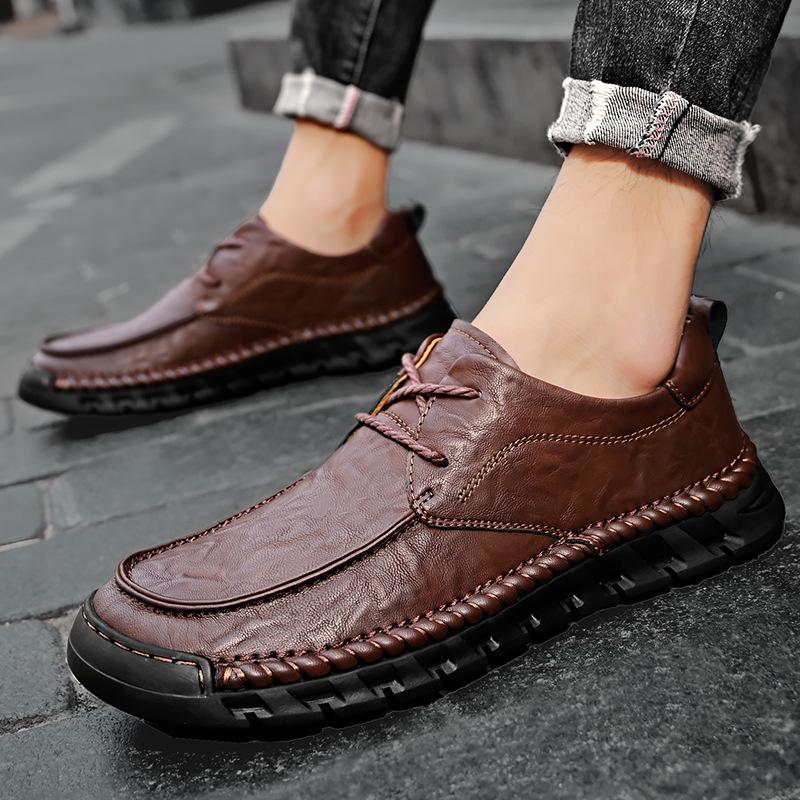 Casual Leather Shoes Men's 2025 New Soft-soled Hand-stitched Versatile Lace-up Men's Shoes Business Dress Breathable Dad Shoes