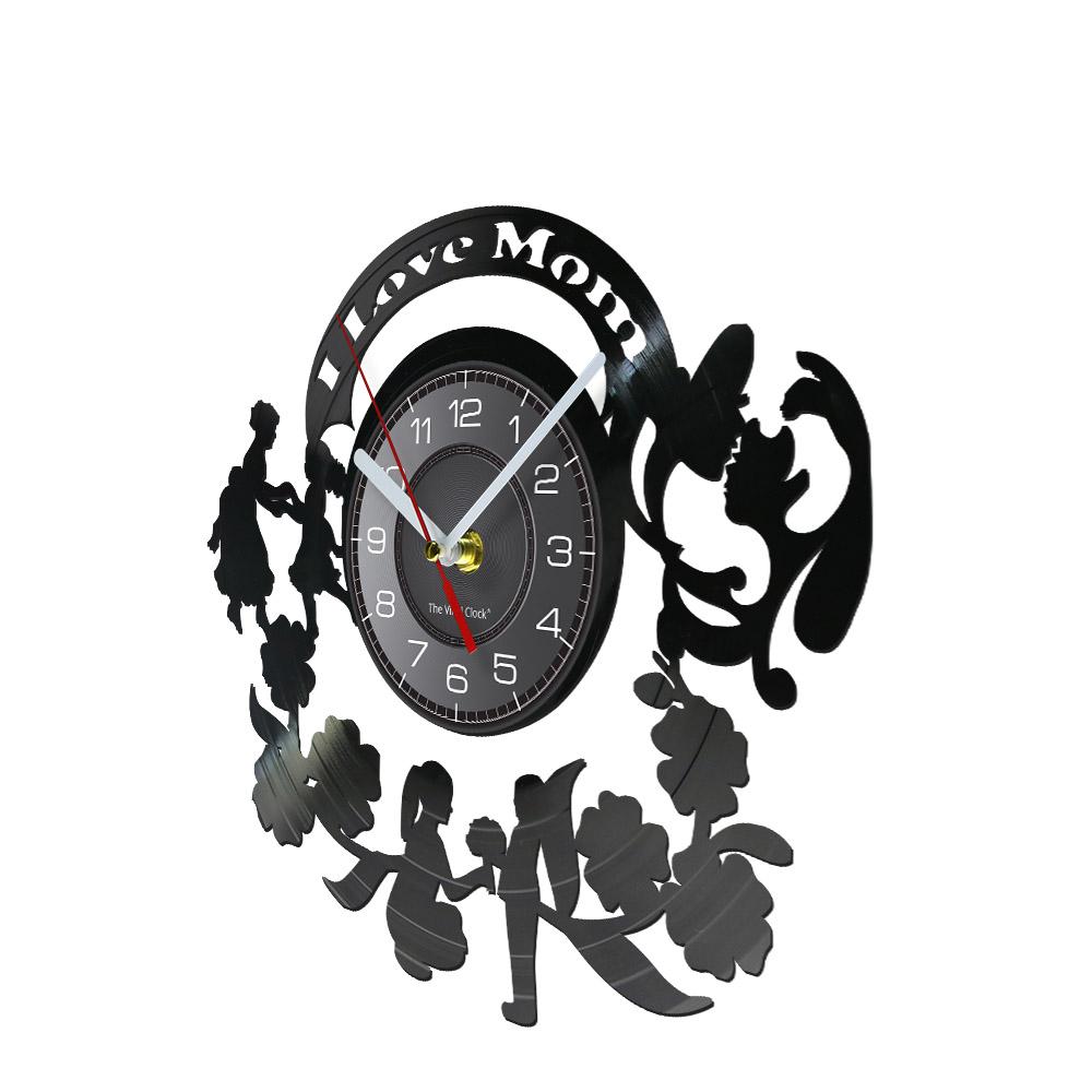 I Love Mom Wall Sign Wall Clock Mom Day Vintage Vinyl Record Wall Clock Mother and Kids with Flowers Home Decor Mothers Day Gift