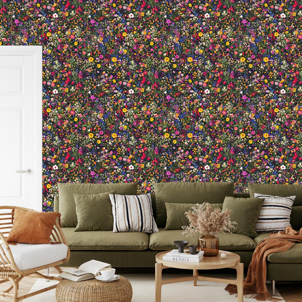Wild Flowers Wallpaper Brown, Olive and Ochre for Living Room and Bedroom 50x1000