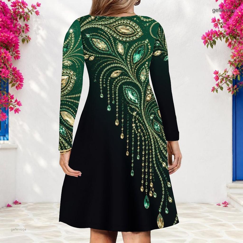 Women Plus Size Light Purple Printed V Neck Long Sleeve A Line Dress