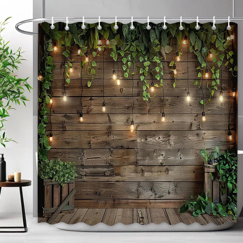 Rustic Rustic Wooden Panel Garden Wall Shower Curtain Green Plant Leaf Enclosure Fence Polyester Shower Curtains Bathroom Decor