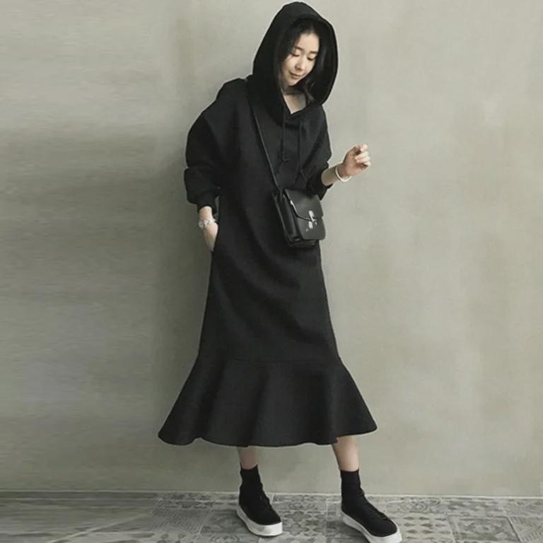2024 Autumn/Winter Korean Style Loose Hooded Sweater Dress with Over-the-Knee Fishtail Skirt