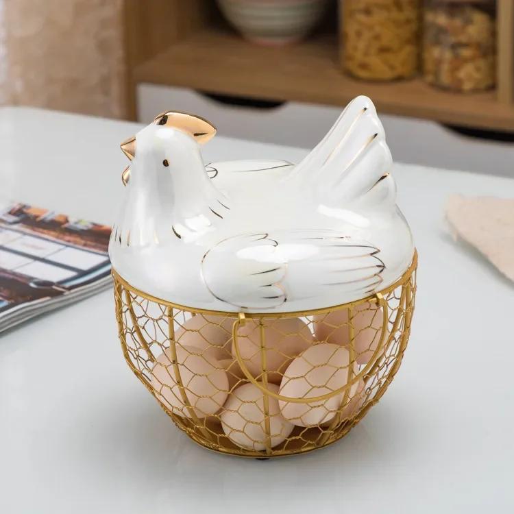 Cute Hen-shaped Egg Storage Basket Metal Wrought Iron Egg Basket with Lid Kitchen Food Debris Storage Container Home Decoration
