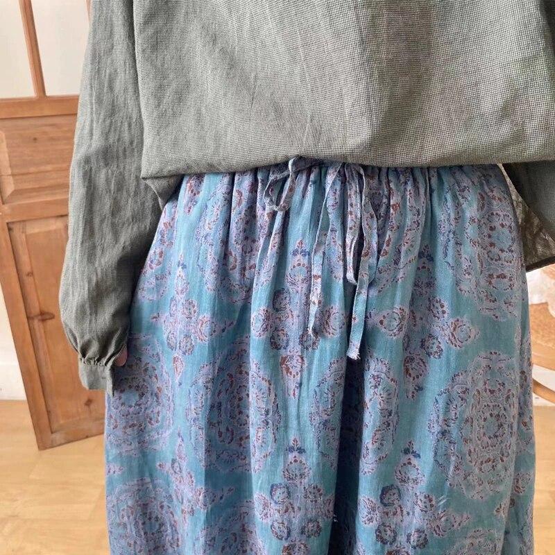 Johnature Vintage-Druck, elastische Taille, alle passenden Damen-Röcke, Herbstblau, lockere Krawattenröcke