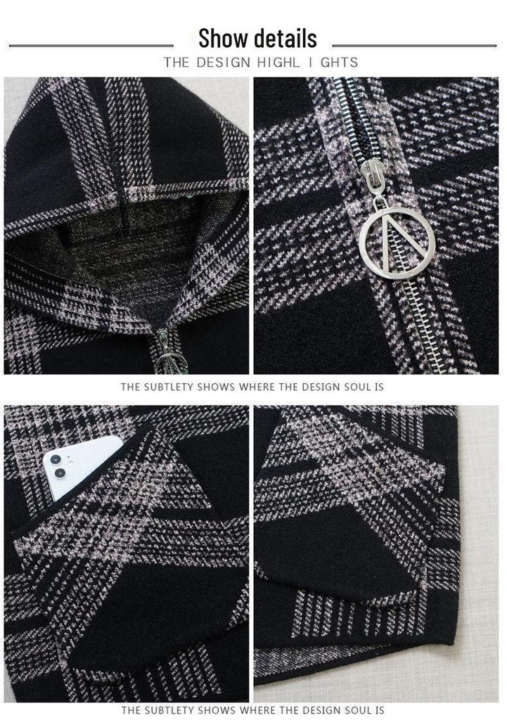 Women's Loose Plaid Hooded Jacket - 2025 Autumn/Winter Fashionable Zipper Cardigan