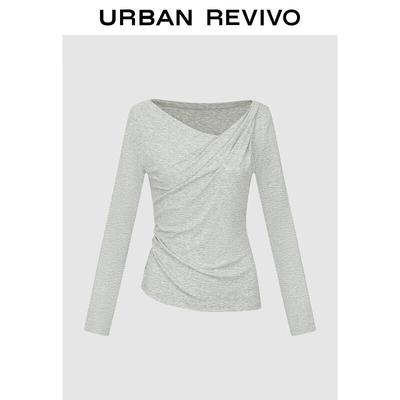 UR 2025 Autumn Women's Slim Fit Draped Pleated Long Sleeve T-Shirt