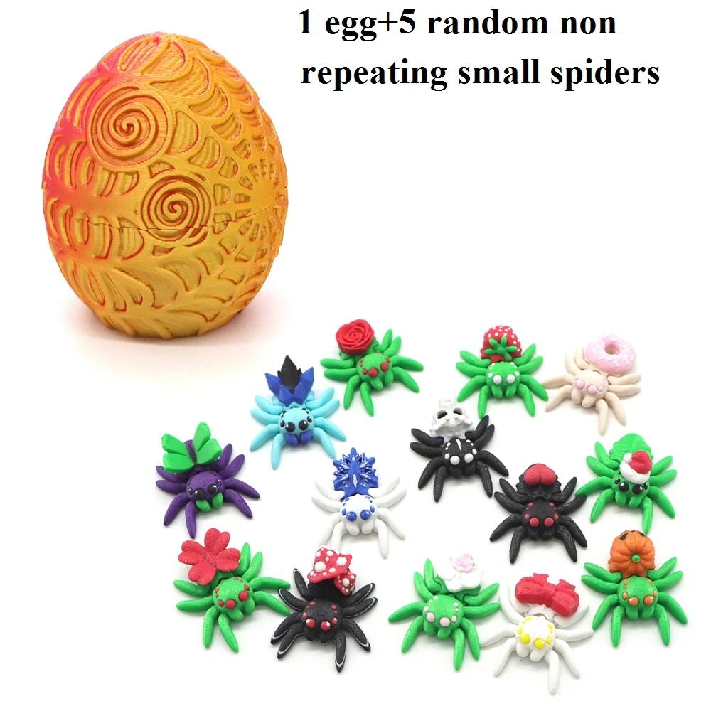 5PCS 3D Printed Small Spider Figurines with Storage Egg Halloween Colorful Cartoon Spiders Ornament with Movable Joints