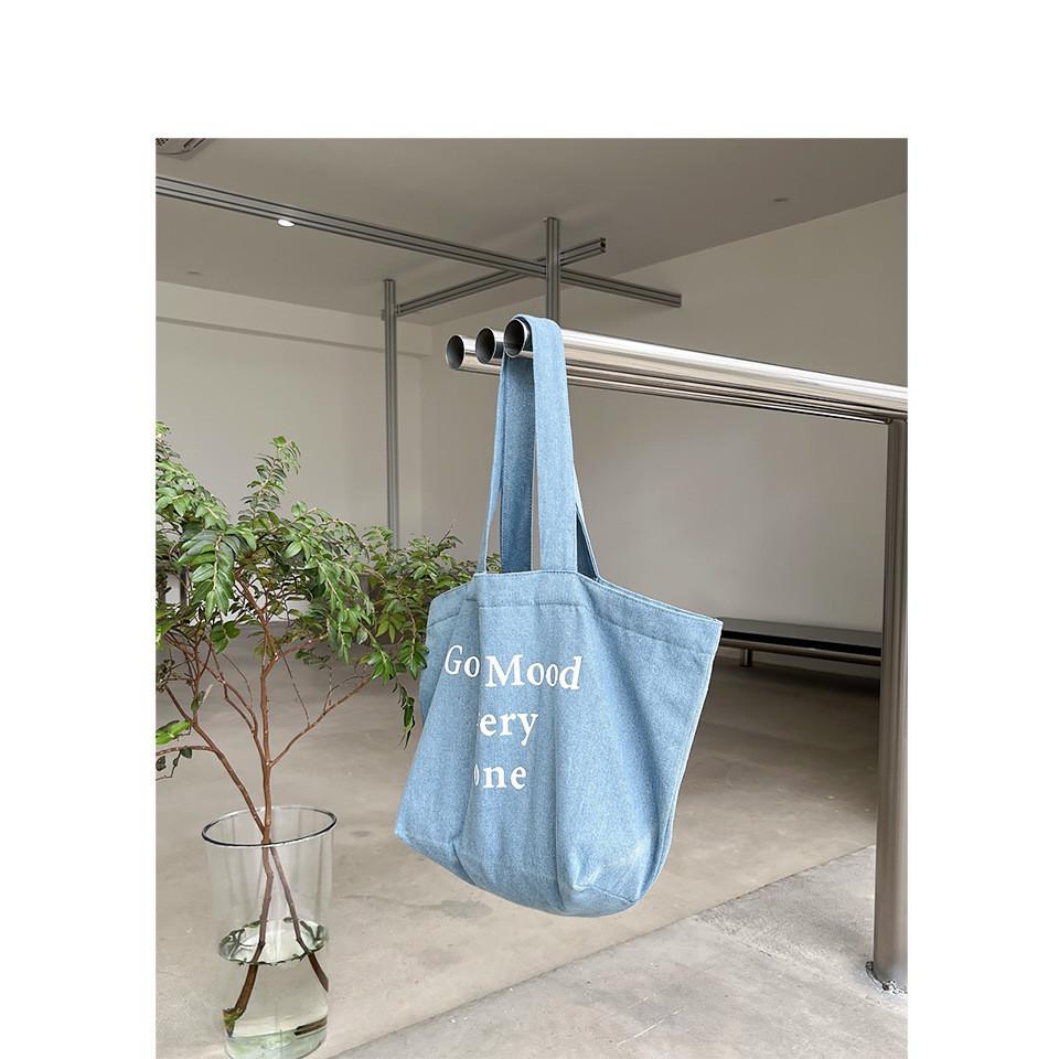 IELGY Japanese Retro Denim Handbag, Casual Printed Letter Shoulder Women's Bag