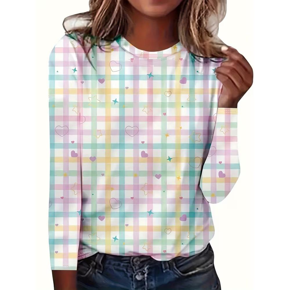 Women Crew Neck Long Sleeve Tunic Top White Gradient Green Clover Print Loose Casual Blouse