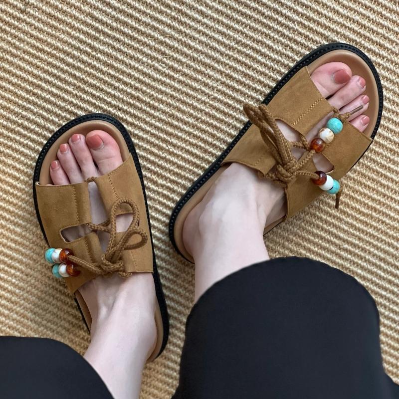 Fashion Women Flats Slippers Designer Lace Up Shoes Fashion Bead Casual Sandalis 2025 New Flip Flops Summer Beach Zapatillas De Mujer 35 4698₽