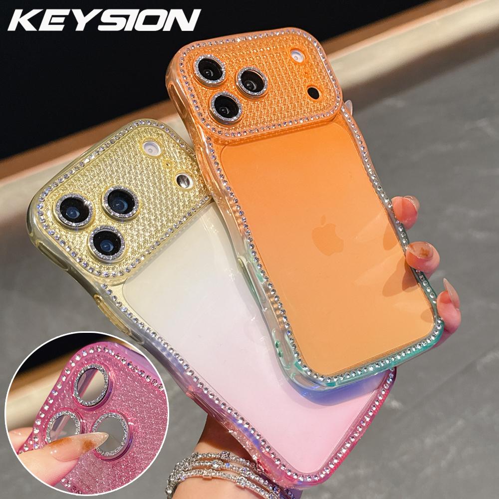 KEYSION Rhinestone Phone Case for iPhone 13 14 15 16 17 Pro Max 17 Air 16 Plus Transparent Wavy Lens Protector Shockproof Back Cover