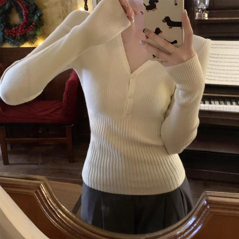 Autumn design button-neck knitted sweater women's inner pit strip bottoming sweater slim and thin