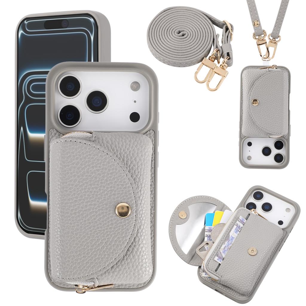 Crossbody Long Lanyard Leather Cards Solt Wallet Case For iPhone 17 Pro Max 16 Plus 15 14 13 Built in Makeup Mirror Bag Cover