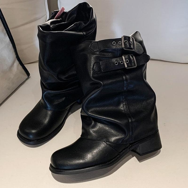 Fashion Studded Metal Buckle Pleated Single Boots Women's Autumn New Round Toe Sleeve Non-Slip Block Heel Short Boots