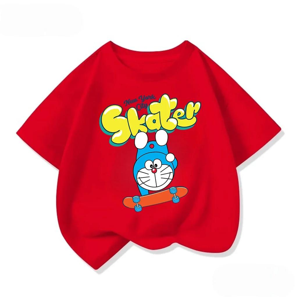 Cute Children Crew Neck T Shirt Summer Fashion Cartoon Print Trendy Street Casual Tops Doraemon Boys Girls Outfit 314Y