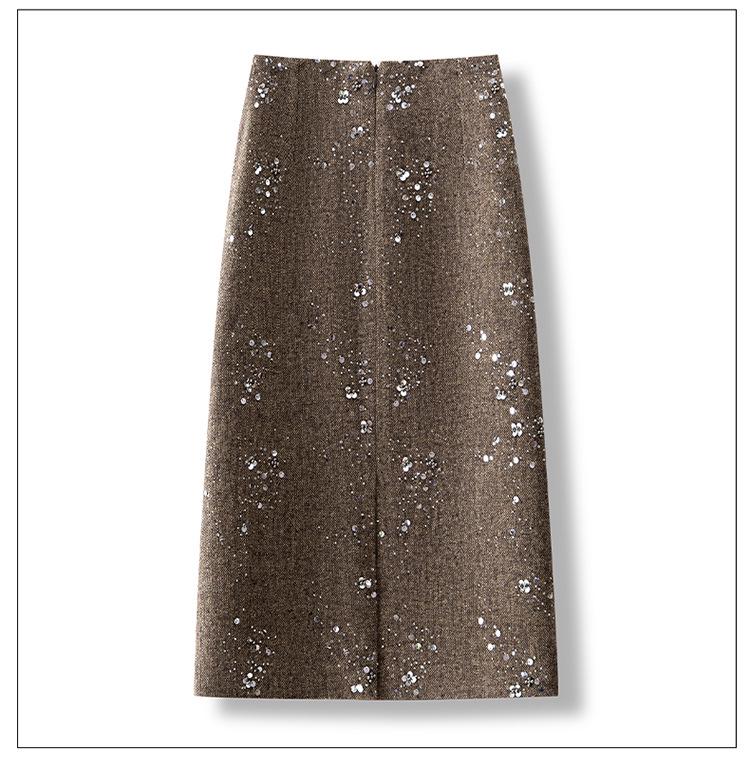 Sequined Woolen High-Waist Straight Skirt for Women
