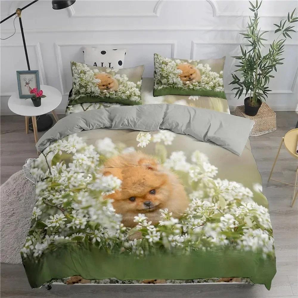Topp Pomeranian Hund Kung Drottning Påslakan Valp Sängkläder Set för Tonåringar Vuxna Husdjur Djur Färgglad Himmel Polyester Täcke Överdrag storlek