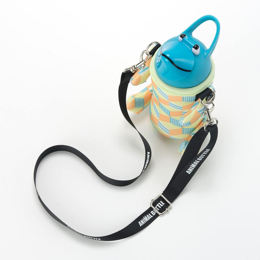 THERMOBECHER Edelstahl-Wasserflasche mit 5155ALF „Tierflasche“ Strohhalm, 380 ml, Blau/Würfel Gelb,