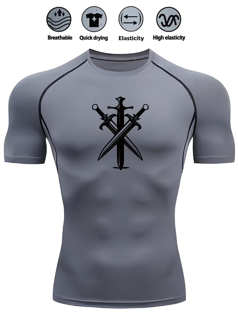 Men's Compression Shirt Quick Dry Navy Blue Gym T-Shirt Three Crossed Swords Print Workout Sportswear