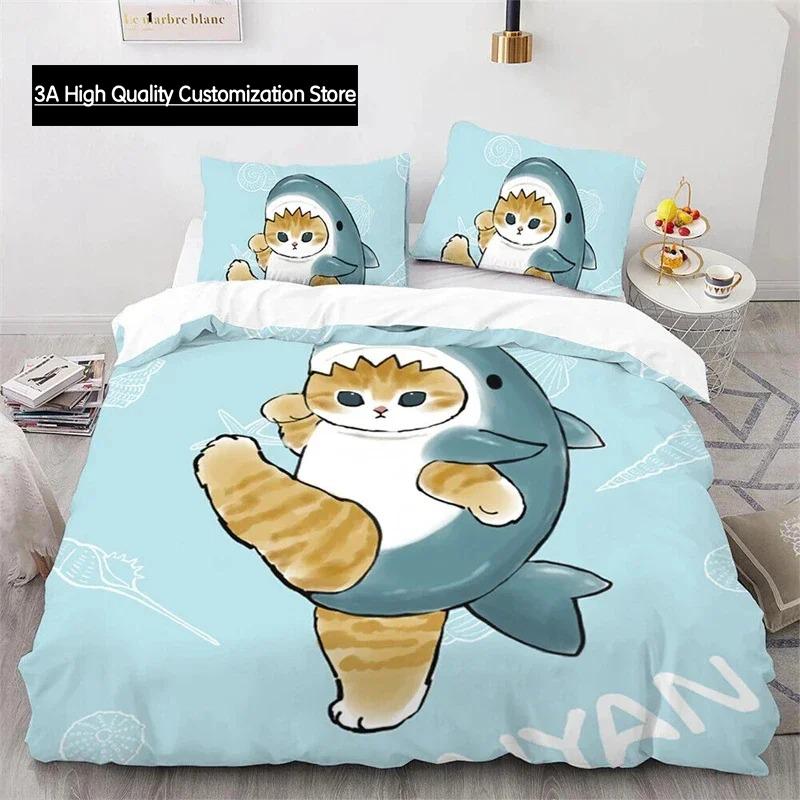 

Cute Kitten Duvet Cover Pillow Case Mofusand Anime Shark Cat Bedding Set Single Double Queen Size Teen Gift Room Decor 3Pcs Set 180*220cm 3pcs