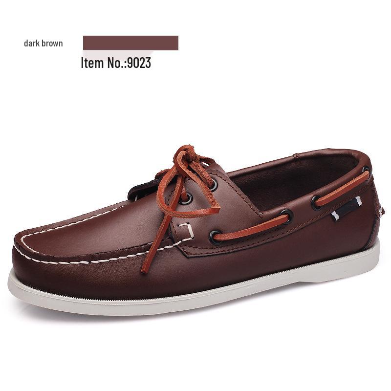 Plus Size Men's Casual Lace-Up Genuine Leather Boat Shoes with Rubber Sole for Driving