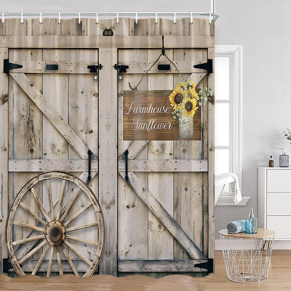 Rustic Barn Door Shower Curtains Grey White Brown Wooden Board Vintage Farmhouse Decorative Polyester Fabric Bathroom Curtains