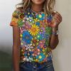 Fashion 3D printed flower T-shirt for women summer round neck short sleeved shirt