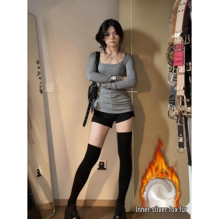 Women's Long Sleeve T-Shirt - Cotton, De Rong, Silver Fox Velvet, Large Round Neck, Tight-Fitting Base Shirt