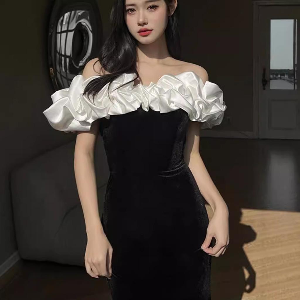 Golden Velvet One-word Shoulder Dress Women's Autumn and Winter French Slim-fitting and Thin Dress Fishtail Dress Annual Meeting Host