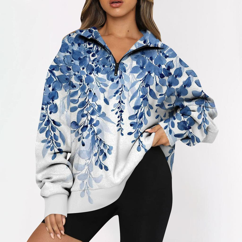 Top pentru damă, ocazional, cu mânecă lungă, cu imprimeu de flori, cu fermoar supradimensionat