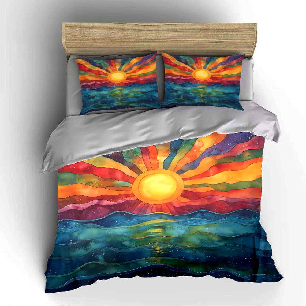 Colorful Sunrise Over Waves Bedding Duvet Cover Set Duvet Cover Pillowcases  (1*Duvet Cover 2*Pillowcases, Without Duvet Insert)