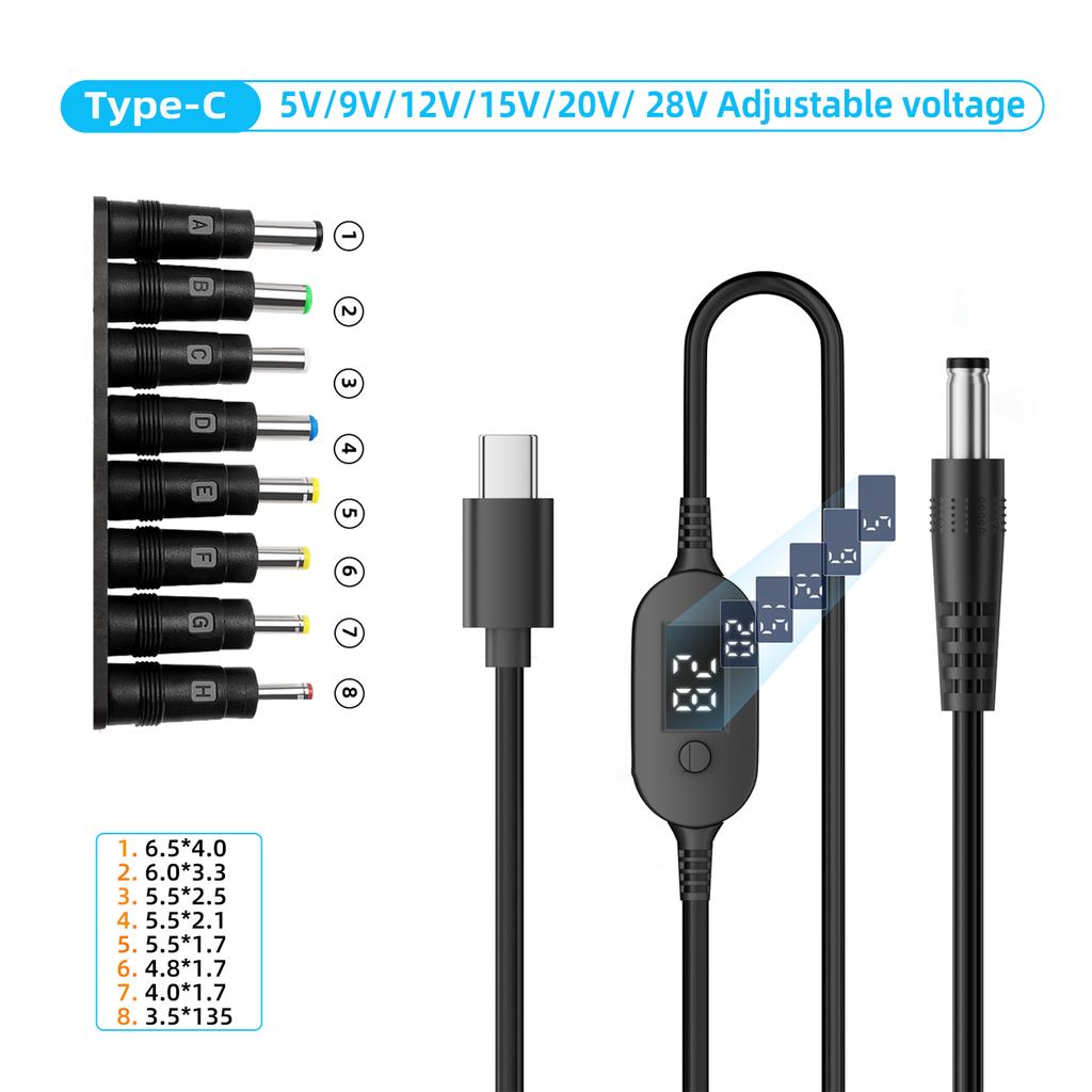 USB C To DC Power Cable 140W Type C To 5V 9V 12V 15V 20V 28V Adjustable Voltage Adapter Connector Cable for Laptop Routers