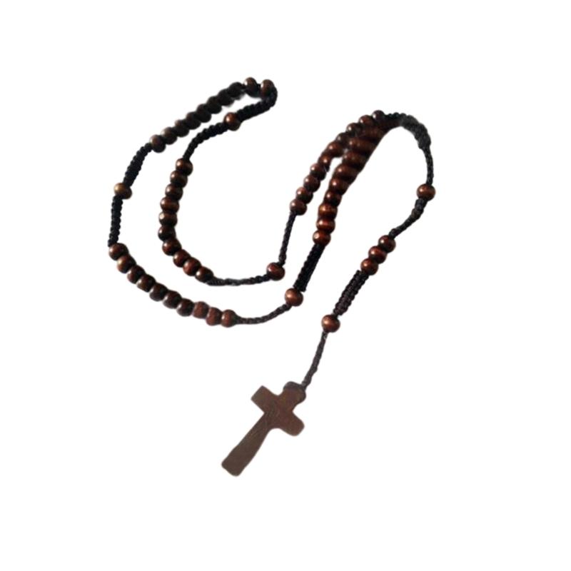 Wood Beads Cross Rosary Necklace Hangable Pendant Crafts Long Bead Chain for Christmas Party Church Decorations