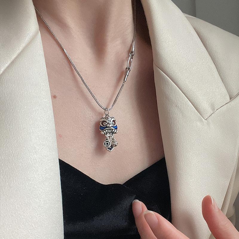 Blue Cute Small Pendant   Lion Dancing Tassel Necklace Chinese Style Copper Coin Design Banquet Couple Jewelry Gift