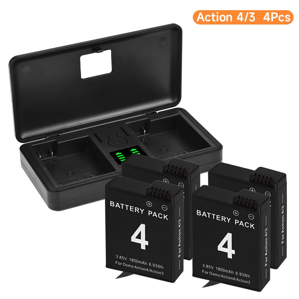 PALO 1800mAh Battery for DJI Osmo Action 4 Battery+LCD Dual Charging Box for DJI Action 3 Action 4 Sports Camera Accessories