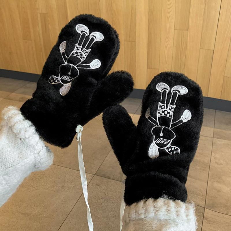 Cute Plush Gloves for Women In Autumn and Winter Korean Version Ins Warm Plus Velvet Halter White Mittens Outdoor Cycling Students