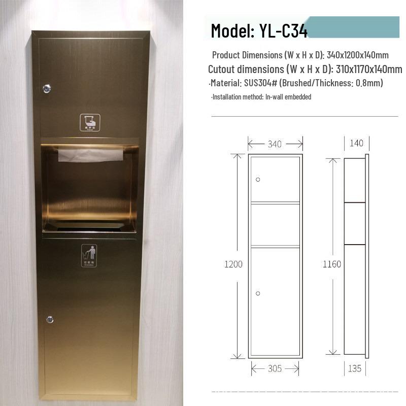 Built-in Stainless Steel 2-in-1 Bathroom Hand Dryer & Recessed Trash Bin
