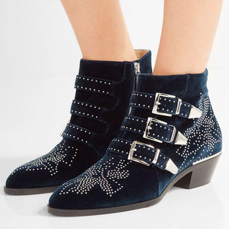 Fashion Brand Catwalk Rivet Cow Leather Short Boots Autumn Winter Retro Large35-45 Ankle Boots4cm Thick Heel Rock Night Club Women Shoes