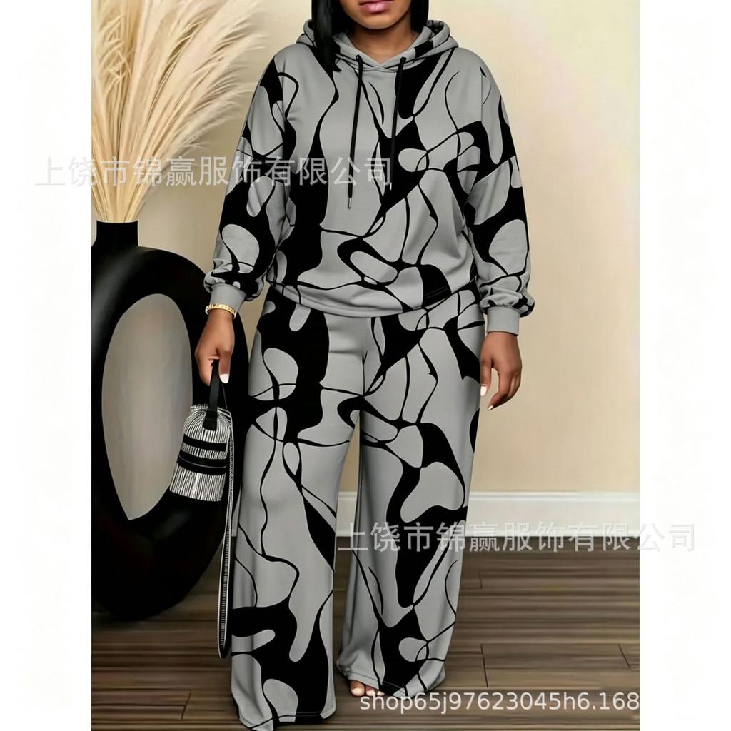 Spring-autumn Soft Knit Casual Set, Color-blocking Abstract Art Print, Loose Drop Shoulder Hoodie with High Waist