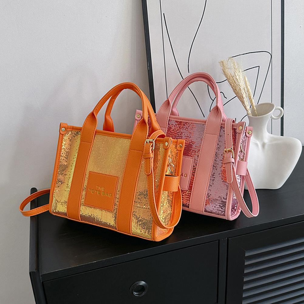 Women Party Tote Bag PU Leather Sequins Top-Handle Bags Casual Fashion Shiny Portable Adjustable Straps Shopper Tote Purse
