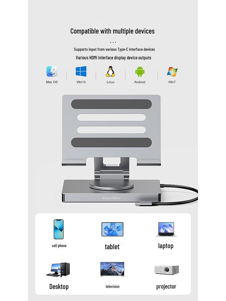4K60Hz USB-C Docking Station with Gigabit Ethernet, USB 3.2 Splitter, Rotating Mobile/Tablet Bracket Expansion Dock