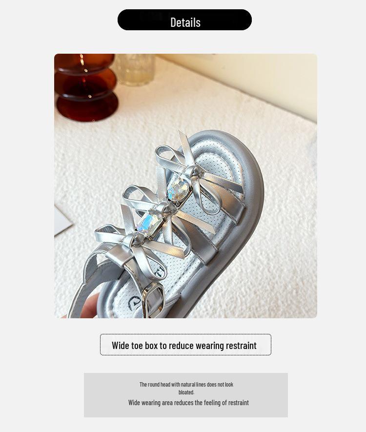 Rhinestone Princess Sandals: Non-slip, Soft-soled Bow Shoes for Girls, Perfect Summer Roman Style for Big Kids and Students.