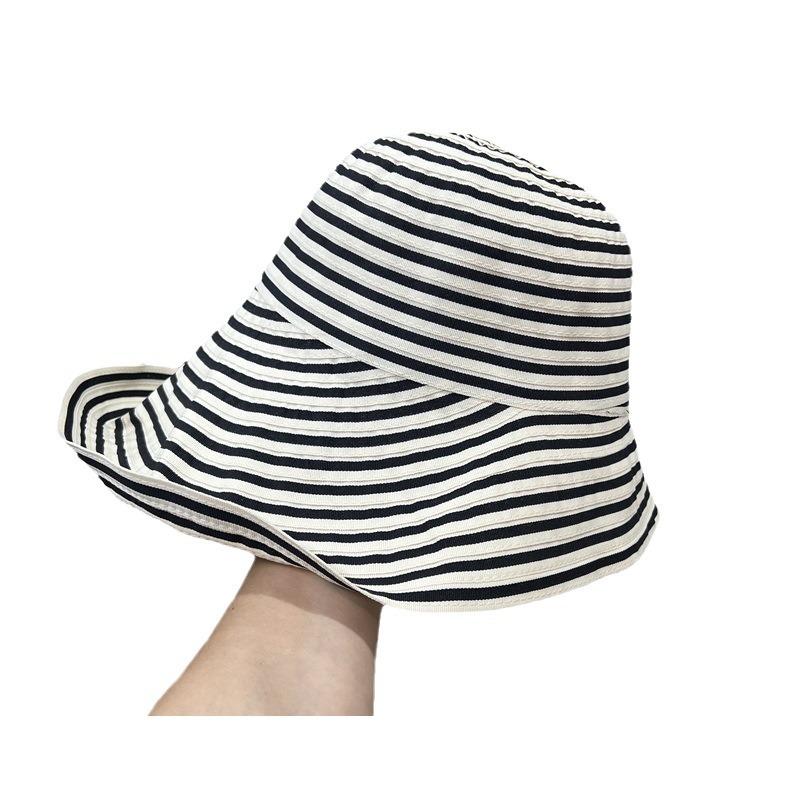 Striped big eaves bucket hat women's new front long rear short sunscreen hat foldable versatile casual show small face