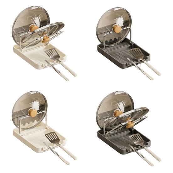 Pot Lid Storage Rack Kitchen Pot Lid Stand with Drain Tray Spoon