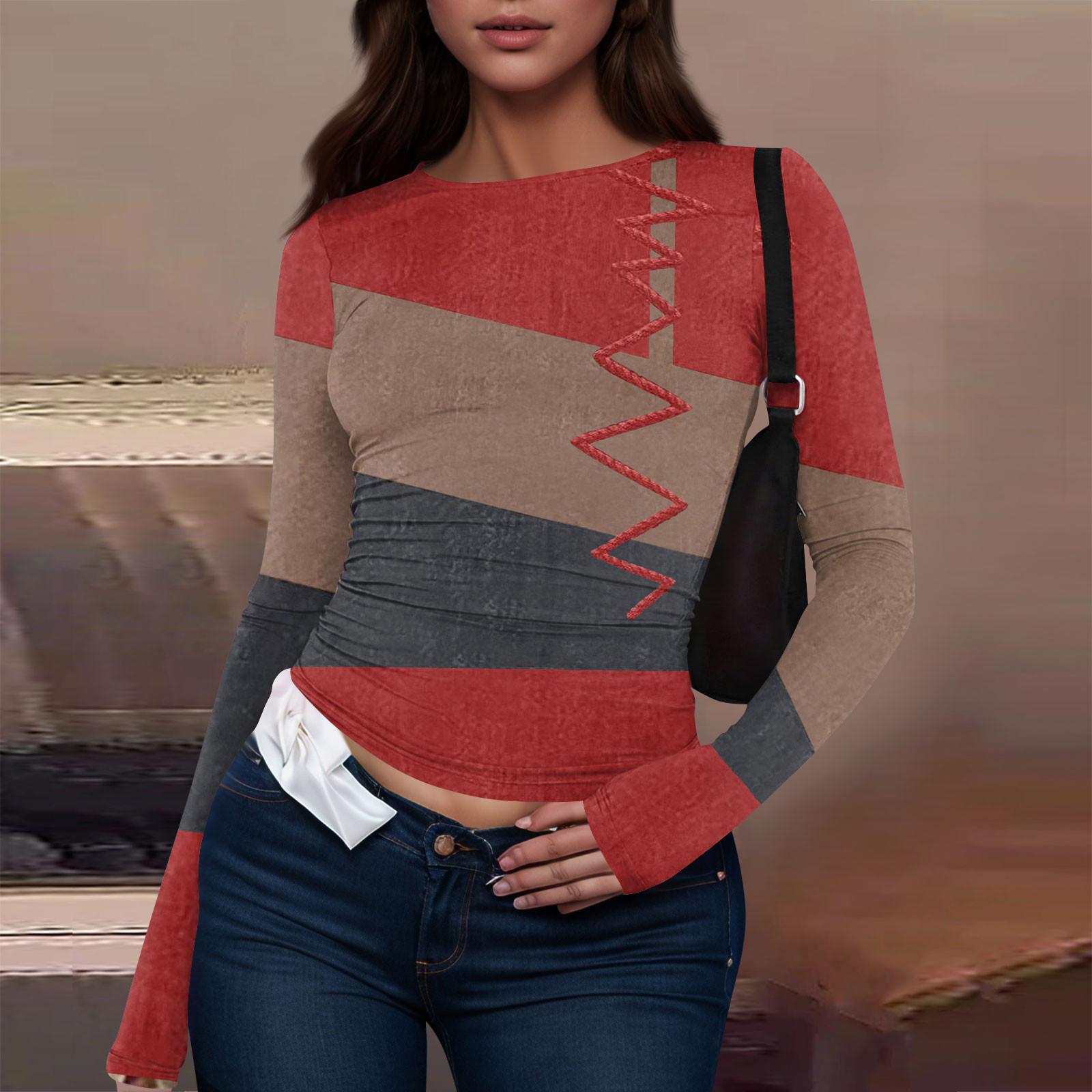 Женская модная повседневная футболка с круглым вырезом и длинным рукавом с принтом — фото 14