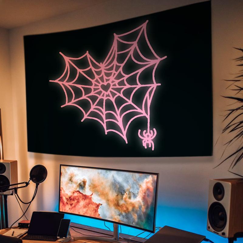 Cute pink spider web heart tapestry beautiful wall hangings bedroom home office Halloween home decoration holiday party decor