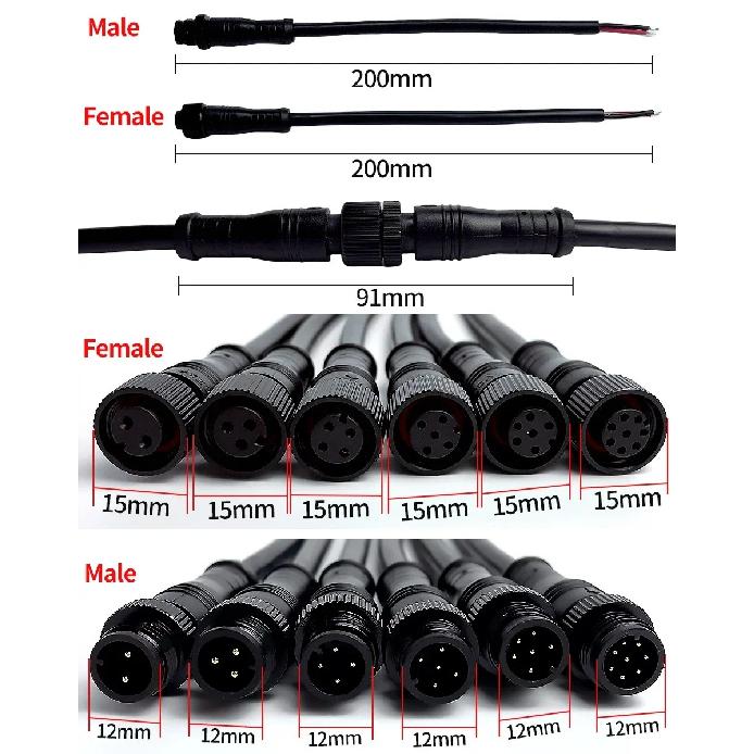5/20Pcs M12 Metal Black Waterproof IP68 2 3 4 5 6 8Pin Male and Female LED Strip Outdoor IP68 Cable Connector 20cm Wire Plug