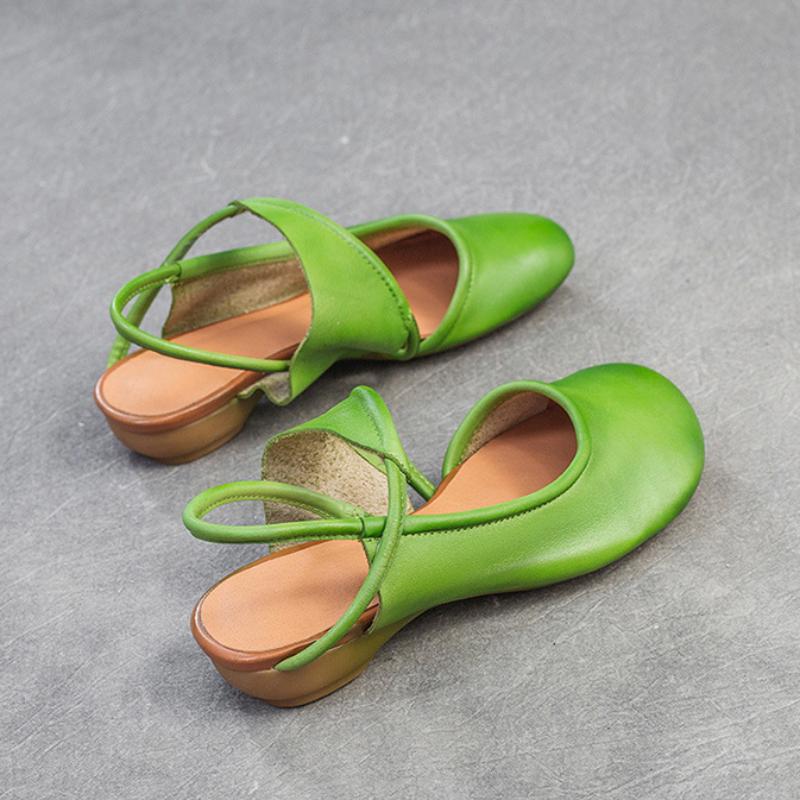 Johnature Genuine Leather Round Toe Comfortable Low Heel Sandals Casual Versatile Women's Shoes